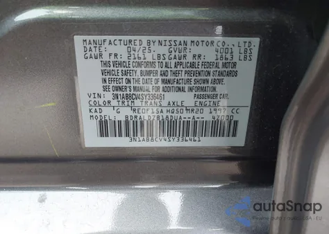 2025 Nissan Sentra Sv from USA, damaged, VIN 3N1AB8CV4SY336461